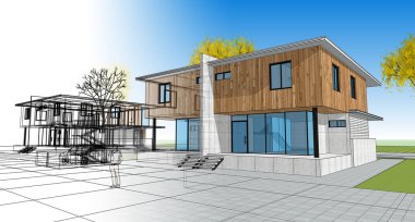 Mimari konak çizimi, 3 boyutlu illüstrasyon