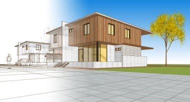 architecture townhouse sketch, 3D illustration clipart