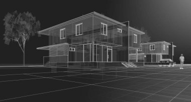 Mimari taslak, kasaba evleri, 3 boyutlu illüstrasyon