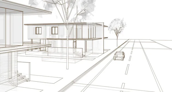 建筑城市房屋草图 3D插图 — 图库照片