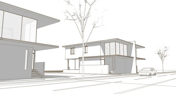 建築スケッチ タウンハウス 3Dイラスト — ストック写真