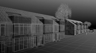 Mimari taslak, kasaba evleri, 3 boyutlu illüstrasyon