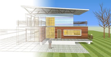 ev mimarisi çizimi erkek silueti, 3D web illüstrasyonu