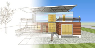 ev mimarisi çizimi erkek silueti, 3D web illüstrasyonu