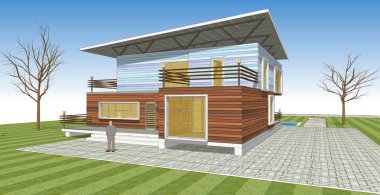 ev mimarisi çizimi erkek silueti, 3D web illüstrasyonu