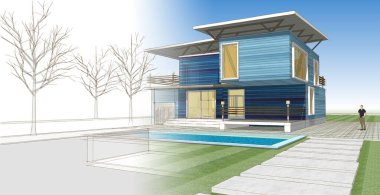 ev mimarisi çizimi erkek silueti, 3D web illüstrasyonu