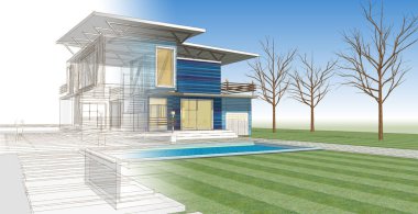 ev mimarisi çizimi erkek silueti, 3D web illüstrasyonu