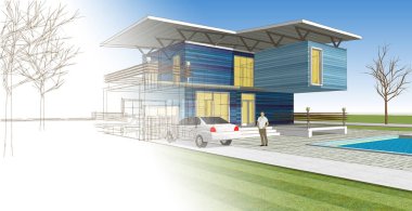 ev mimarisi eskizi, insan ve araba, 3D web illüstrasyonu