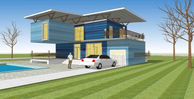 ev mimarisi çizimi, 3d web illüstrasyonu