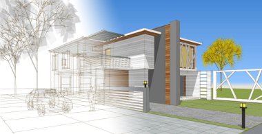 ev mimarisi çizimi, 3d web illüstrasyonu