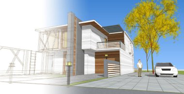 ev mimarisi çizimi, 3d web illüstrasyonu