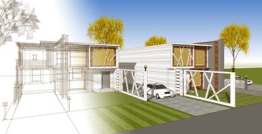 ev mimarisi çizimi otomatik, 3d web illüstrasyonu