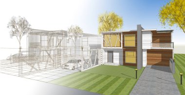 ev mimarisi çizimi otomatik, 3d web illüstrasyonu