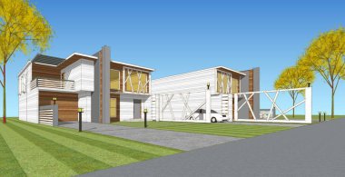 ev mimarisi çizimi otomatik, 3d web illüstrasyonu