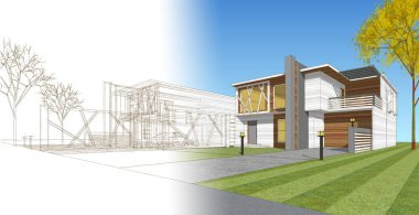 ev mimarisi çizimi otomatik, 3d web illüstrasyonu