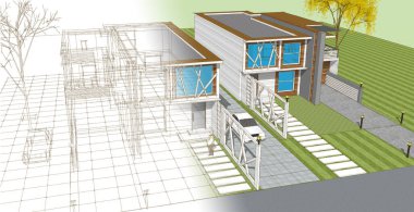 ev mimarisi çizimi, 3d web illüstrasyonu