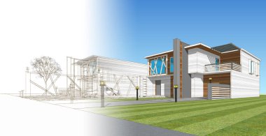 ev mimarisi çizimi otomatik, 3d web illüstrasyonu