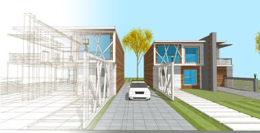 ev mimarisi çizimi otomatik, 3d web illüstrasyonu