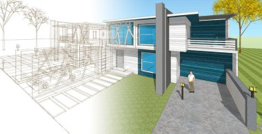 ev mimarisi çizimi, 3d web illüstrasyonu