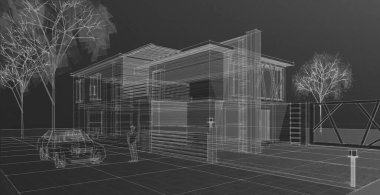 ev mimarisi çizimi, 3d web illüstrasyonu