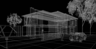 ev mimarisi çizimi, 3d web illüstrasyonu