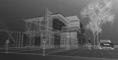 ev mimarisi çizimi, 3d web illüstrasyonu