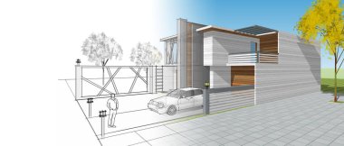 ev mimarisi çizimi, 3d web illüstrasyonu