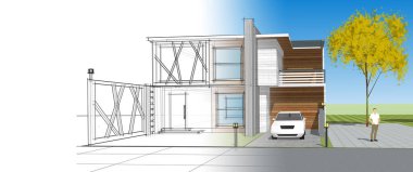 ev mimarisi çizimi, 3d web illüstrasyonu