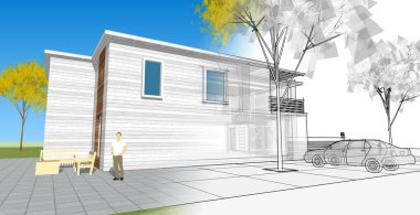 ev mimarisi çizimi, 3d web illüstrasyonu