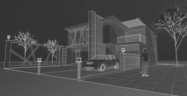 ev mimarisi çizimi, 3d web illüstrasyonu