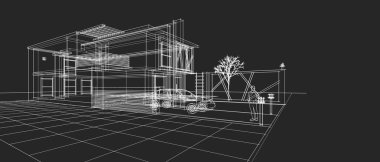 ev mimarisi çizimi, 3d web illüstrasyonu