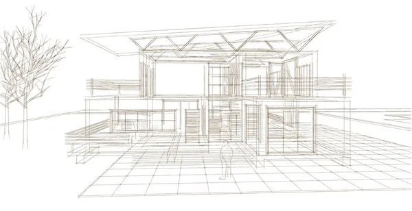 シルエットが付いている家の建築スケッチ 3Dウェブのイラスト — ストック写真
