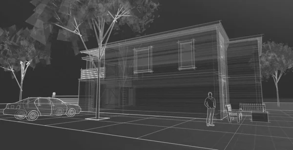 家の建築スケッチ 3Dウェブイラスト — ストック写真