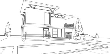 ev mimarisi çizimi, 3d web illüstrasyonu