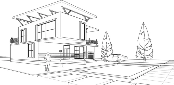 Σπίτι Αρχιτεκτονικό Σκίτσο Web Illustration — Διανυσματικό Αρχείο