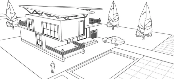 Σπίτι Αρχιτεκτονικό Σκίτσο Web Illustration — Διανυσματικό Αρχείο
