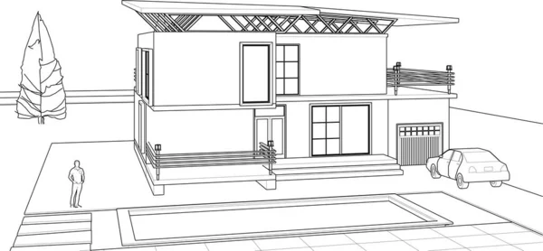 stock vector house architectural sketch, 3d web illustration