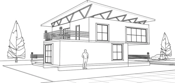 家の建築スケッチ 3Dウェブイラスト — ストックベクタ