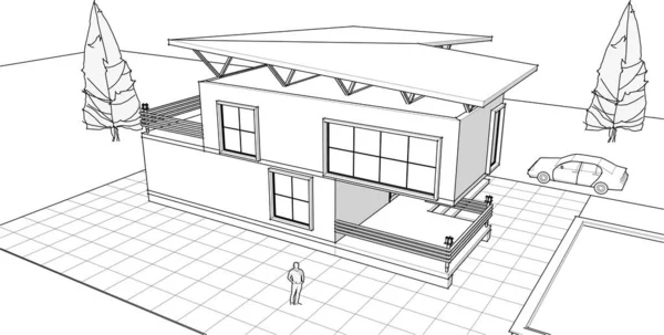 家の建築スケッチ 3Dウェブイラスト — ストックベクタ