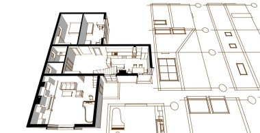 ev mimarisi projesi çizimi 3d illüstrasyon