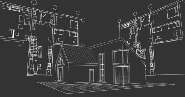 ev mimarisi projesi çizimi 3d illüstrasyon