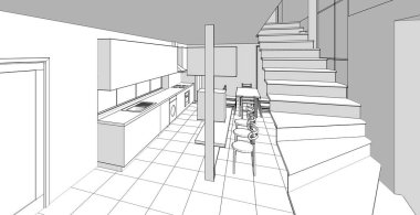 İç mutfak oturma odası 3D görüntü