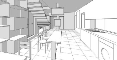 İç mutfak oturma odası 3D görüntü