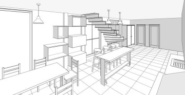 İç mutfak oturma odası 3D görüntü
