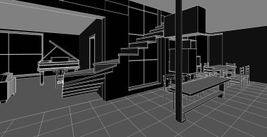 İç mutfak oturma odası 3D görüntü