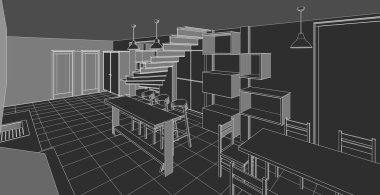 İç mutfak oturma odası 3D görüntü