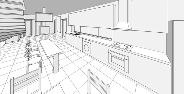 Interior Kitchen Living Room Illustration — Stock Photo, Image