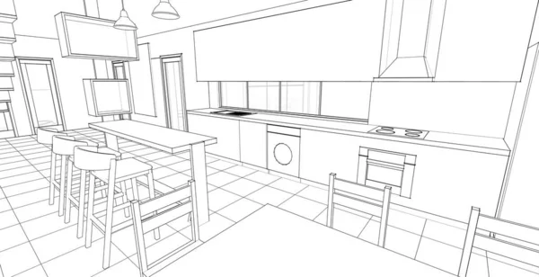 interior kitchen living room 3d illustration