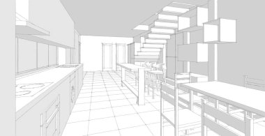 İç mutfak oturma odası 3D görüntü