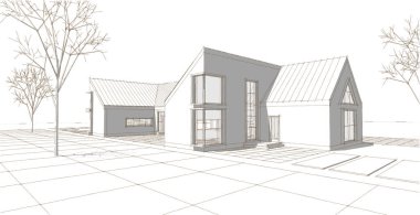 Bir ev 3D illüstrasyonunun mimari taslağı